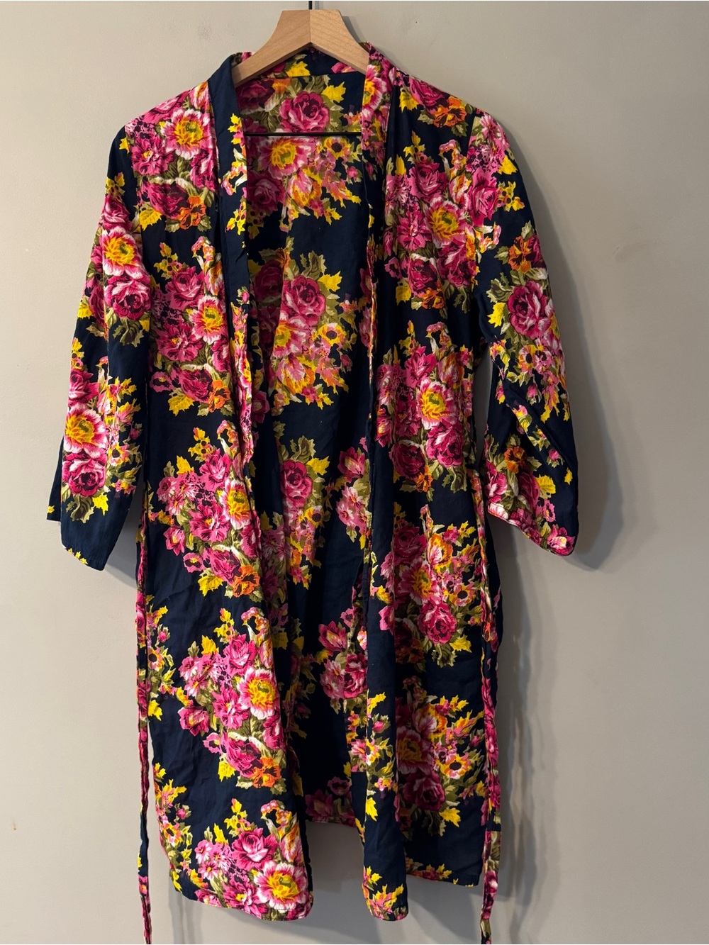 Floral Navy Kimono Robe with Pink & Yellow Roses | M/L